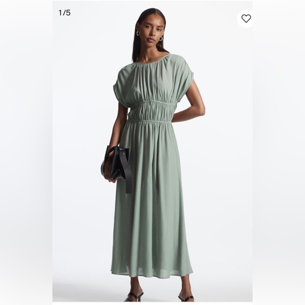 Cos Gathered 100% Cotton Green Maxi Dress